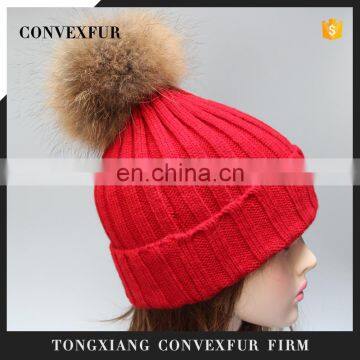 2015 Winter fur pompon hats female high quality knitted hat with ball top for women