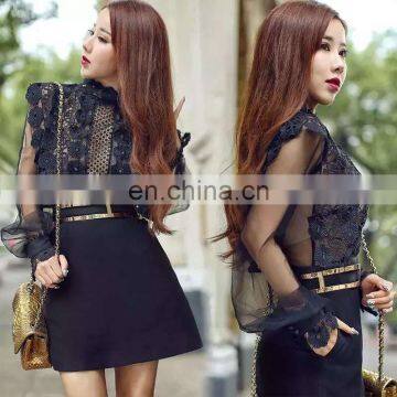 High Quality Balck Transparent Long Sleeve Lace Tops With Flower Front With Skirt photo-2