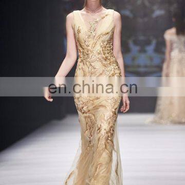 2017 B5634 Golden color Short sleeve net fabric beaded evening dresses & wedding dresses B5318