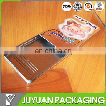 Flat sliding tin candy packaging case with embossing