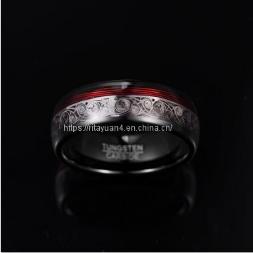 2019 NUNCAD 8mm Wide Tungsten Steel Ring Plating Black Inlay Triple Spiral Pattern+Red Guitar String Tungsten Carbide Ring T229R