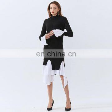 TWOTWINSTYLE Sweater For Women O Neck Long Sleeve Irregular Hem Loose Sweater Patchwork Casual photo-3