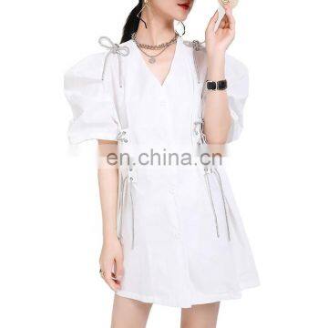 TWOTWINSTYLE Bandage Women's Dress Cross V Neck Puff Short Sleeve Patchwork Bowknot Mini Dresses