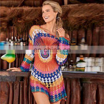 Hand Made Crochet Cover up Colorful Tunic for Beach Sexy Bikini cover up Sarong Beachwear Pareo Beach Bathing Suit Cover ups