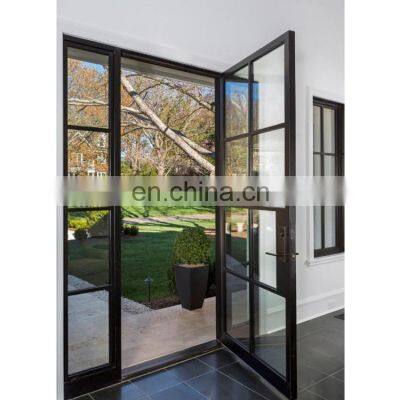 Contemporary Elegant French Simple Line Grill Design Black Color Frame Front Double Glass Modern Entry Wrought Iron Door photo-2