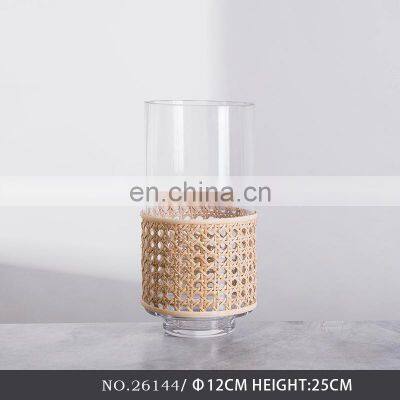 Cylinder Garden Rustic Clear Transparent Woven American Style Flower Arrangement Glass Rattan Vase photo-5