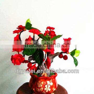Indoor lighted LED plastc pulm blossom and cherry fruit bonsai tree