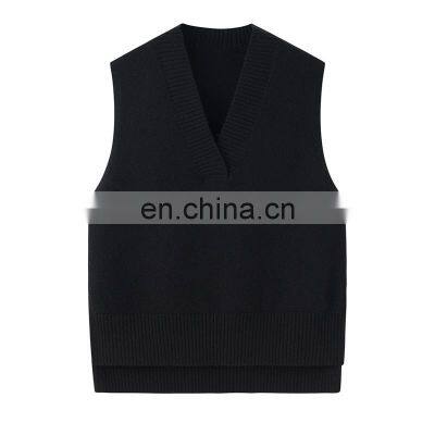 Solid Color V-Neck Cashmere Vest for Ladies Comfortable Casual Knit Outerwear with Embroidered Logo Sleeveless Sweater