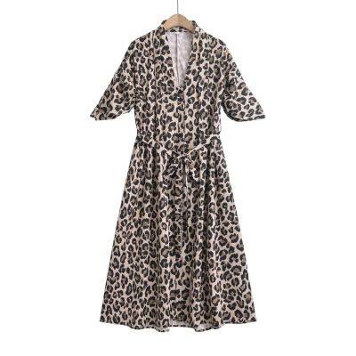2025 Summer New Women's Bow Tied Animal Pattern Printed Shirt Dress