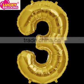 Hot sale 16"/41cm gold number 3 shaped foil balloon for decoration