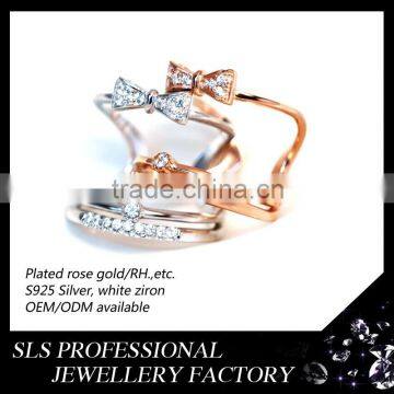 Fashion 925 silver ring female south Korean double sweet bowknot set opening ring