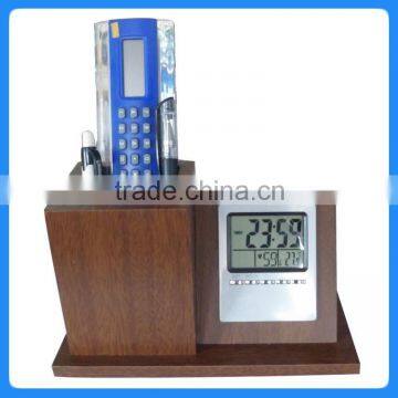 High-grade Office Desktop Wooden Brush Pot Clock photo-3