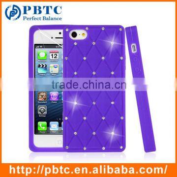 Set Screen Protector And Case For Iphone 5 , Purple Silicone Crystal Bling Phone Case