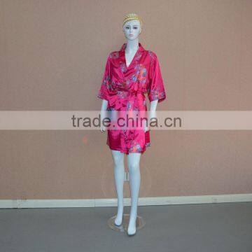 pink Printing short sleeve stretch satin silk bathrobe