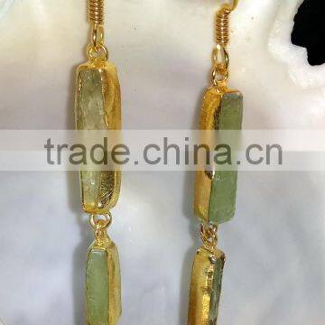 Green Kyanite Brass Gold Plated Earrings, Brass Gemstone Earrings, Fashionable Gemstone Earrings