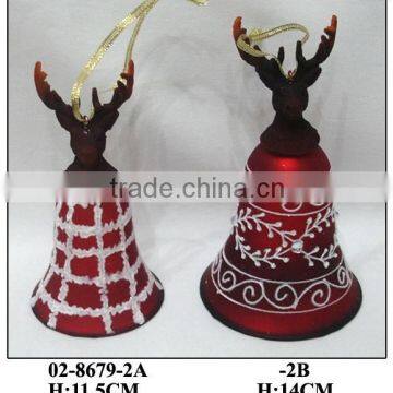 Decorative Red Hanging Glass Bell with Reindeer Top and Ribbon