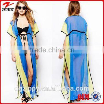 Self-tie Color Block Beach Kaftan Dress Long Chiffon Kaftan