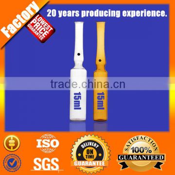 GMP and ISO standard, indian standard USP type1 OPC with blue point 15ml clear glass ampoule