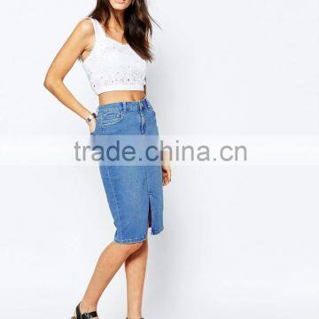Jeans Denim Jeans Stretch Denim Fabric Pencil Skirt High Waist Light Blue Color SK025