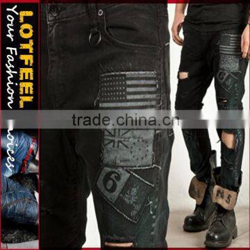 Vintage flag patchwork washing pripped denim jeans (LOTM035)