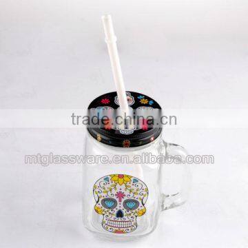 Halloween Smile Skull Decal Glass Mason Jar With Handle 16oz photo-5