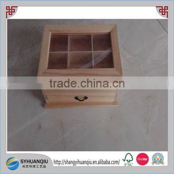 2015 hot sell customized order pine wood tea compartment box with drawer