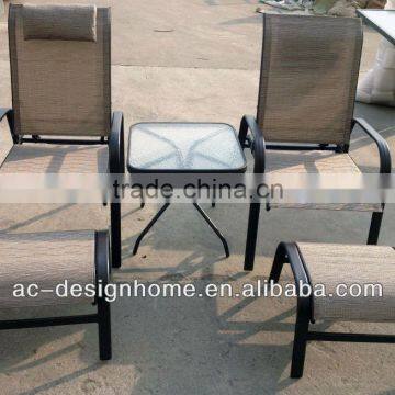 5 PCS 2X1 SLING/TEMPERED GLASS/STEEL OUTDOOR LEISURE CONVERSATION PATIO SET 2 CHAIRS W/OTTOMANS AND TABLE