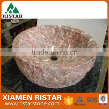 Cheap round pink marble stone bathroom basins and stone sinks RST-RB074