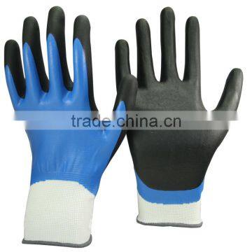 NMSAFETY EN388 3121 13 gauge knit nylon liner double coated blue and black foam nitrile on palm safety work gloves