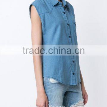 New Arrival 100%cotton Women Sleeveless Denim Shirts Customized