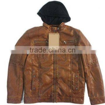 PQM-03 PU jacket with hood for men garment wash