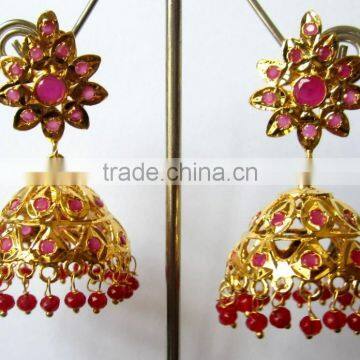 JADAU GOLD PLATED Dangler RUBY JHUMKA TEMPLE EARRINGS photo-2