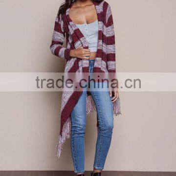 MGOO OEM Custom Burgundy Fringe Cardigan Mohair Striped Outwear Koreas Style Tassels Asymmetric Sweaters photo-6