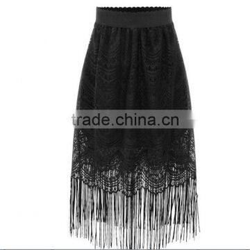 2016 wholesale sexy long black lace skirt with tassel fringe