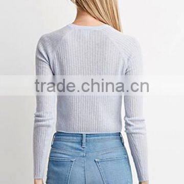 Slim Fit Short Body Round Neck Long Raglan Sleeve Melange Woolen Sweater photo-4