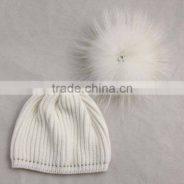 Myfur Baby Knitted Beanie Hat With Removable White Raccoon Fur Pom Poms Wholesale
