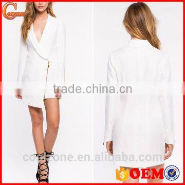 Plunging neck long sleeves zip-up blazer fashion asymmetrical women blazer