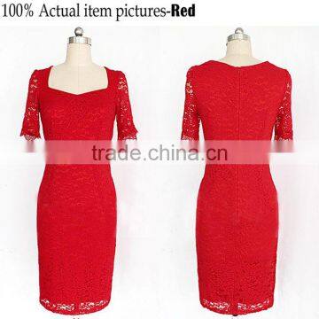 Fashion Vintage Short Sleeve Elegant Floral Lace Cocktail Party Dresses For Women photo-2