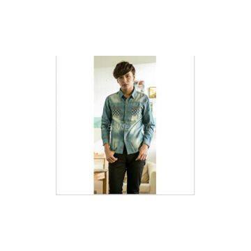 Free Shipping Men\'s 2015 fashion denim Splicing shirt