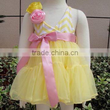 Hot sale yellow color with pink bows and yellow pink flower babies dresses for infant