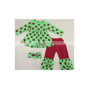 Wholesale girls red green polkadots outfit triple ruffles trousers 2 pcs children christmas outfits