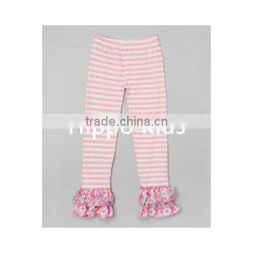 Wholesale pink stripe floral ruffle pants boutique little girls capri leggings baby icing ruffle pants