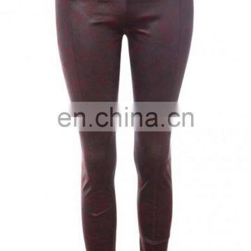 BURGUNDY DISTRESSED PRINT PU SKINNY FIT LEGGINGS