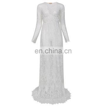 Kate Kasin Maternity Sexy Deep V-Neck Long Sleeve See-Through White Lace Maxi Long Maternity Dress KK001082-2