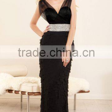 Shealth v-neckline and back tiered skirt elegant chiffon evening dresses long