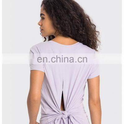Quick Dry Cool Soft Sexy Back Hollow Out Boe Tie Short Sleeve Gym Top Loose Casual Women Workout Sports Fitness Walking Wear photo-5
