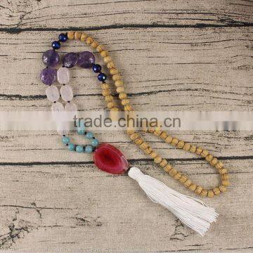 NE2383 Fashion Wood Mala Bead Necklace with Cotton Tassel,Long Boho Necklace