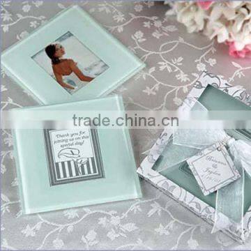 Hot white square glass photo insert coaster with custom made logo engraved