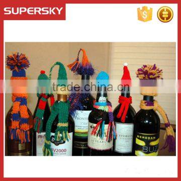 A-857 Handmade Christmas Knitted Wine Bottle Decoration Hat and Scarf Wine or Bottle Toppers Knitting Pattern Wine Bottle Cozy