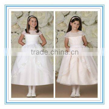 Satin Tulle Organza Waistband Cap Sleeve Flower Girl Dress(FLMO3024)